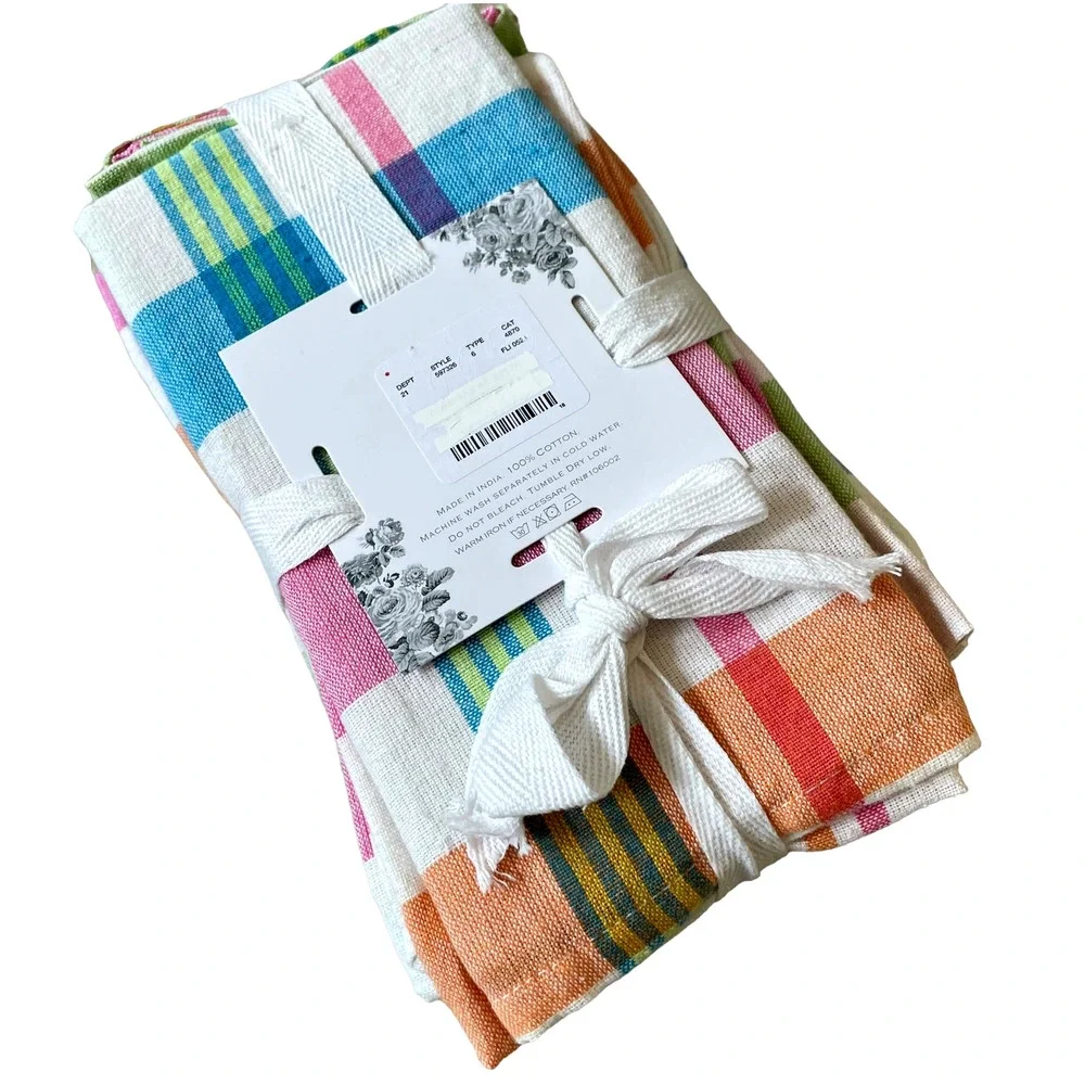 SHABBY CHIC Plaid Cotton Dinner Napkins 18x18 Set of 8 Pop of Color NEW